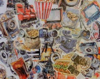 Movie Night, Film, Filmmaker Stickers Decals for Planners, Journals, Transparent, Vintage