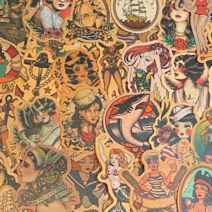 5-50 Pack Retro Sailor Jerry Tattoo Flash Stickers  for Laptops, Skateboards, Phones, Rewards, Water Bottles, Bikes, Luggage, Travel