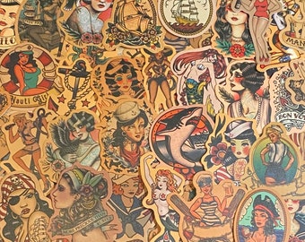 5–50er-Pack Retro-Sailor-Jerry-Tattoo-Flash-Aufkleber für Laptops, Skateboards, Handys, Belohnungen, Wasserflaschen, Fahrräder, Gepäck, Reisen