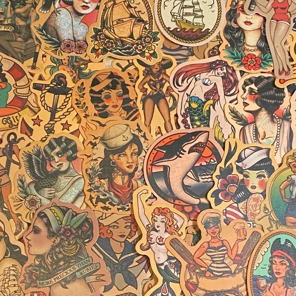 Paquete de 5-50 pegatinas retro de Sailor Jerry Tattoo Flash para portátiles, monopatines, teléfonos, recompensas, botellas de agua, bicicletas, equipaje, viajes