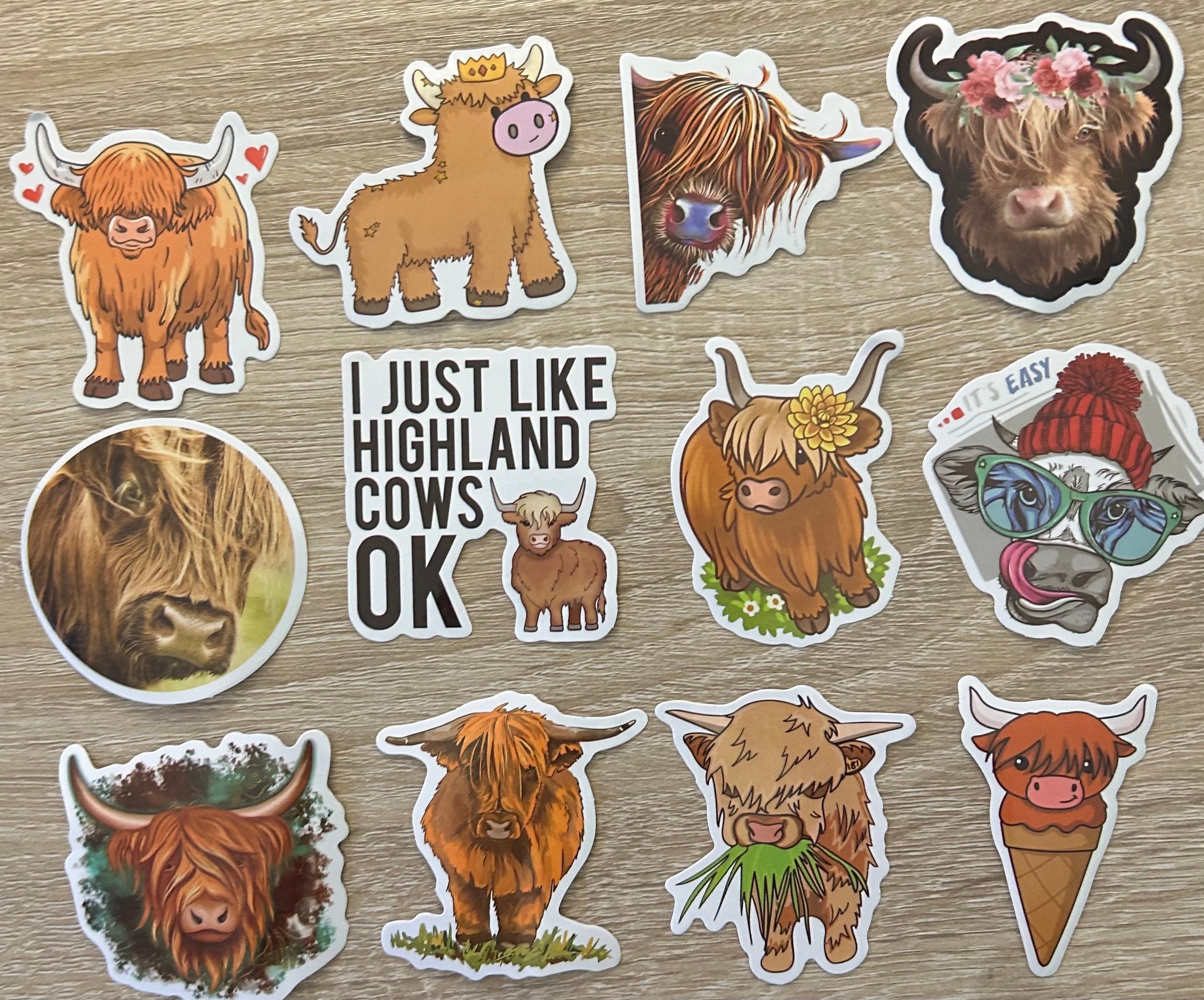 5-50 Pack Highland Cow Stickers for Laptops, Skateboards, Phones, Rewards, Water Bottles, Bikes, Luggage, Travel