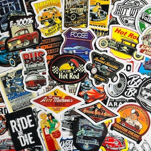 Pacote de adesivos para carros Hot Rod com 10, 20 ou 50 decalques para planejadores, diários, decorações, recompensas, artigos de festa, presentes e muito mais!
