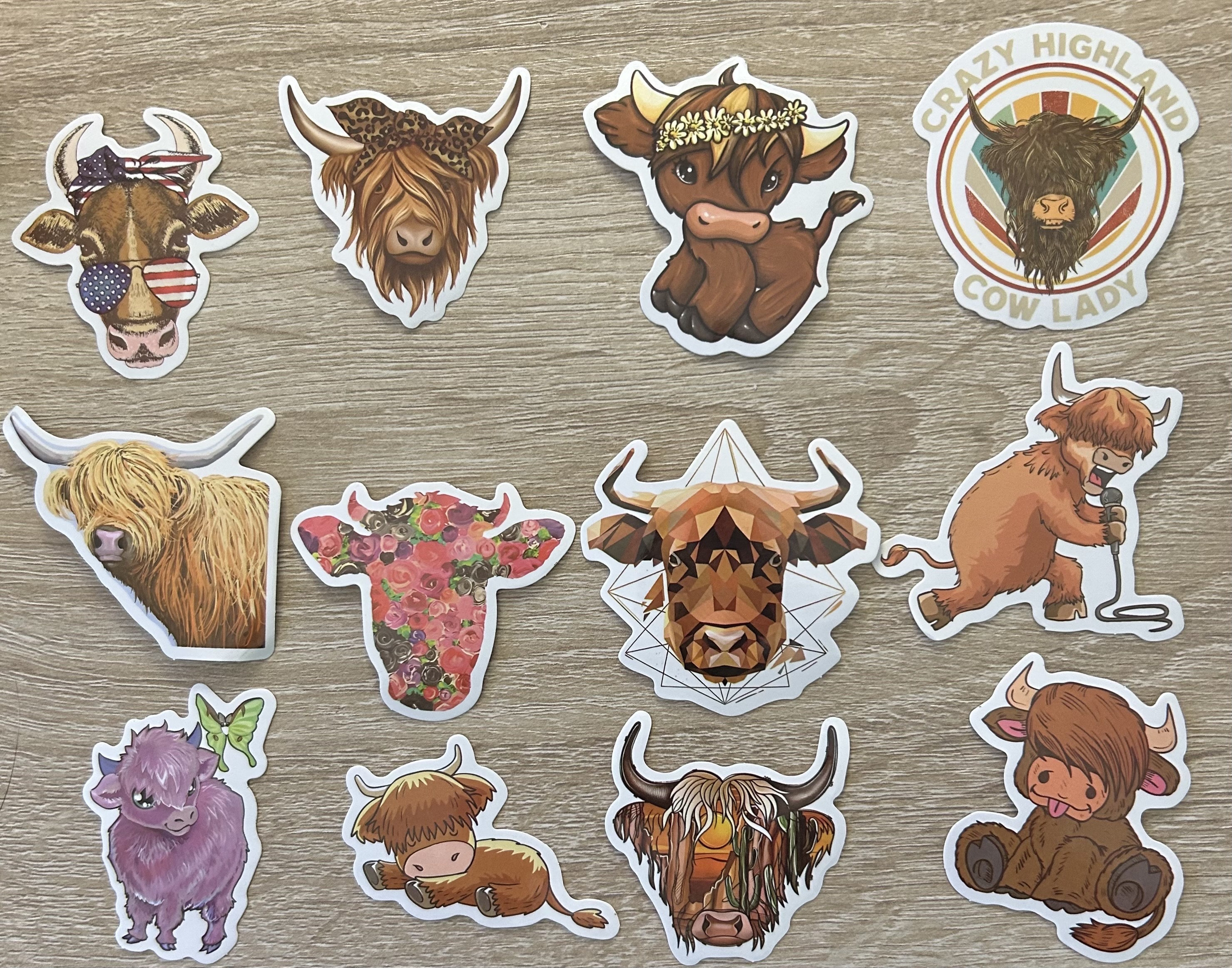 5-50 Pack Highland Cow Stickers for Laptops, Skateboards, Phones, Rewards, Water Bottles, Bikes, Luggage, Travel