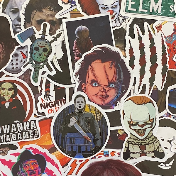 Lot de 5 à 50 stickers sur le thème des films d'horreur et d'horreur pour ordinateurs portables, skateboards, téléphones, récompenses, bouteilles d'eau, vélos, bagages, voyages