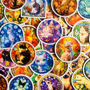 Lot de 10, 20 ou 50 autocollants pour vitraux chat pour agendas, journaux, décorations, récompenses, articles de fête, cadeaux et plus encore !