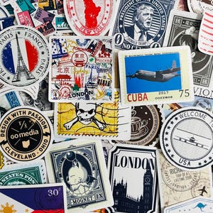 Paquete de 10, 20 o 50 pegatinas con temática de viajes, pasaportes y sellos para planificadores, diarios, decoraciones, recompensas, suministros para fiestas y regalos