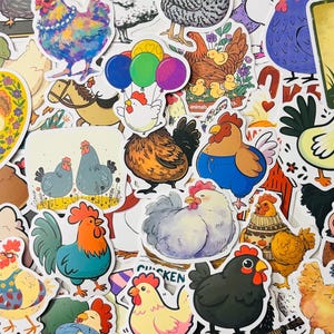 May include: A collection of colorful chicken-themed stickers. The stickers feature various chicken illustrations, including roosters, hens, and chicks, in diverse styles and colors. Some stickers have balloons, and others have text.