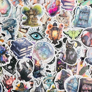 May include: A selection of fantasy-themed stickers. The stickers depict witches, cats, books, potion bottles, and other magical imagery. The stickers are in various shapes and sizes, each with a white border, creating a collage effect.