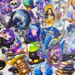 May include: A collection of colorful stickers with a mystical theme. The stickers feature illustrations of owls, moons, potion bottles, books, and celestial elements in shades of purple, blue, and gold. The stickers are arranged closely together.