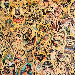 Paquete de 10, 20 o 50 pegatinas de tatuajes de Sailor Jerry para planificadores, diarios, decoraciones, recompensas, suministros para fiestas, regalos y mucho más.