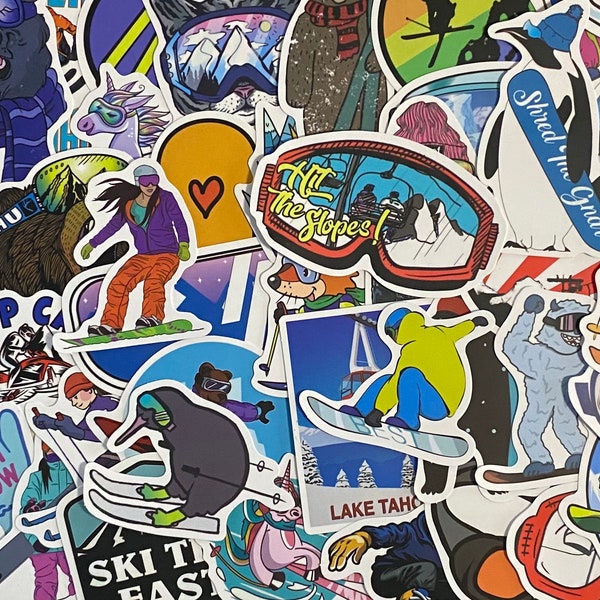 5-50 Pack Skiing, Snowboarding Themed Stickers for Laptops, Skateboards, Phones, Rewards, Water Bottles, Bikes, Luggage, Travel