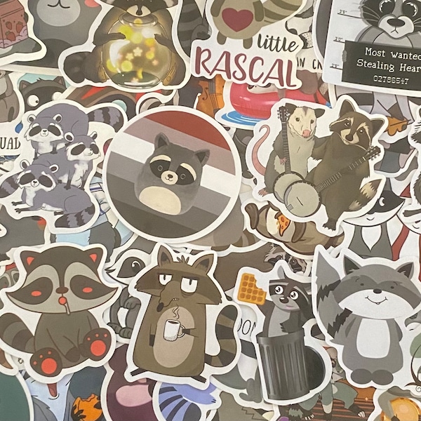 5-50 Pack Raccoon Stickers for Laptops, Skateboards, Phones, Rewards, Water Bottles, Bikes, Luggage, Travel