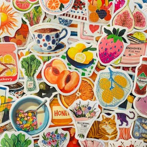 May include: A collection of colorful stickers featuring various illustrations including a bowl of cereal, a cup of tea, a jar of anchovies, a bottle of oyster sauce, a cat, a bouquet of flowers, fruits, vegetables, and a shrimp.