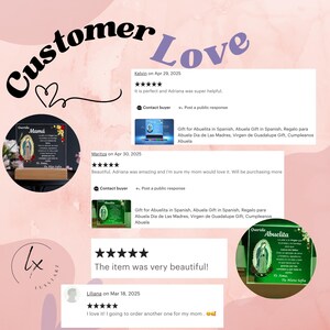 May include: A clear acrylic plaque with a wooden base, featuring a religious image and Spanish text. The plaque is adorned with floral accents and customer reviews, conveying a theme of love and appreciation.