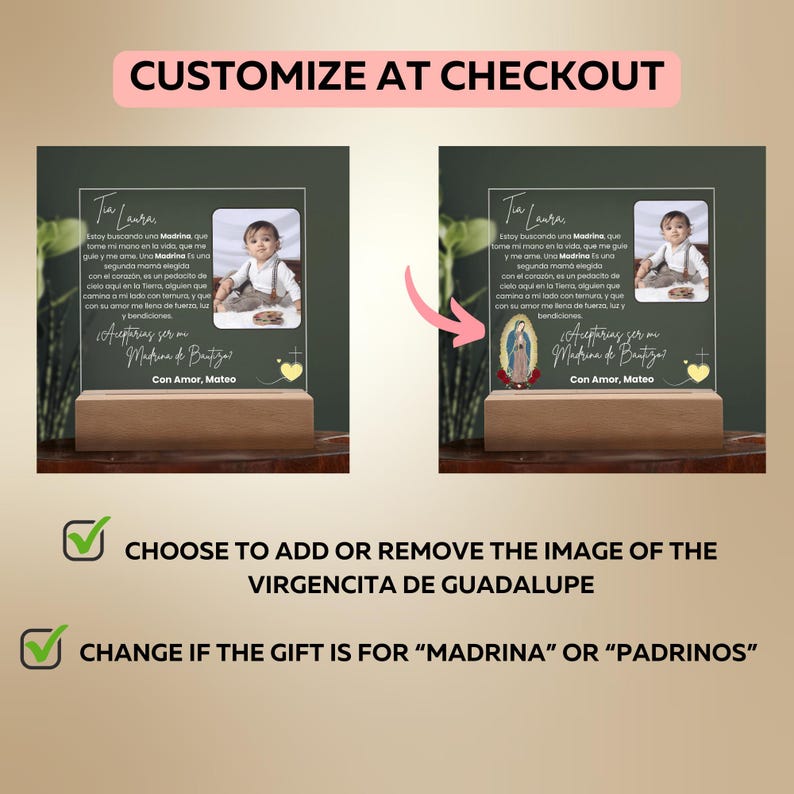 May include: A personalized acrylic baptism gift with a wooden base. The clear acrylic features a photo, text, and a decorative cross. The text reads "Customize at Checkout" and "Accepting to be my Godmother of Baptism".