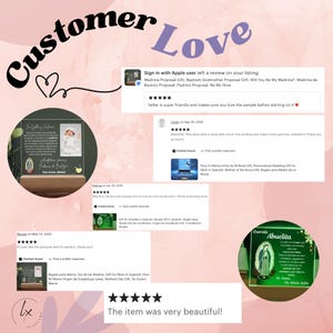 May include: A clear acrylic plaque with a photo and text, displayed on a wooden base. The plaque features a photo of a baby and text in Spanish. Customer reviews and the words "Customer Love" are also visible.