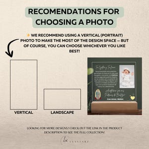 May include: Image showing recommendations for choosing a photo for a personalized gift. The text suggests using a vertical photo for design space. A sample acrylic photo frame with text and a photo is displayed, along with a wooden base.