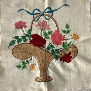 vintage Embroidered Basket of Flowers unframed 1940s on Heavy Cotton, very neat stitching, Roses needlework, made in England