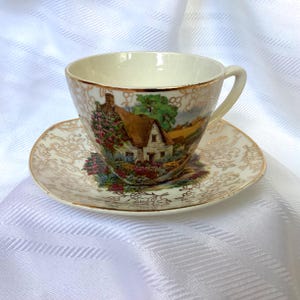 Tasse à thé et soucoupe vintage en plein hiver, chaumière, chintz doré, Angleterre des années 1950
