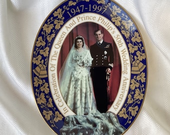 1997 50th Wedding Anniversary Oval Plate Queen Elizabeth II Prince Phillip Royal Worcester Collectible Monarch