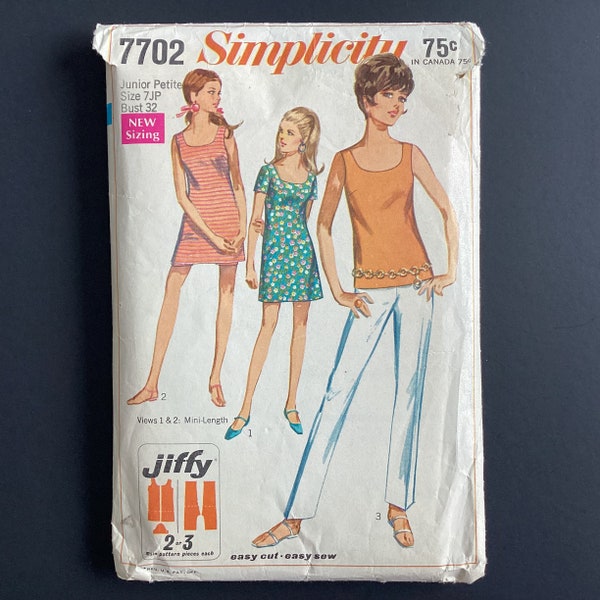 1968 Simplicity Mini Dress, tank top, shorts, pants, #7702, cut but complete, vintage sewing pattern