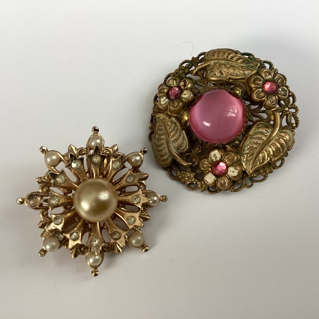 2 Vintage Brooches Not Perfect Coro Signed W/ Pearls & Rhinestones