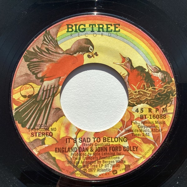 England Dan & J.F. Coley / It's Sad to Belong 45rpm 1977 Big Tree Records Atlantic USA BT-16088 vinyl 7" record vintage