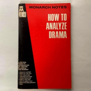 May include: A vintage paperback book titled "How to Analyze Drama" by Monarch Notes. The cover is primarily red with white text, and a black spine. The book includes a list of topics such as dramatic history and plot structure.