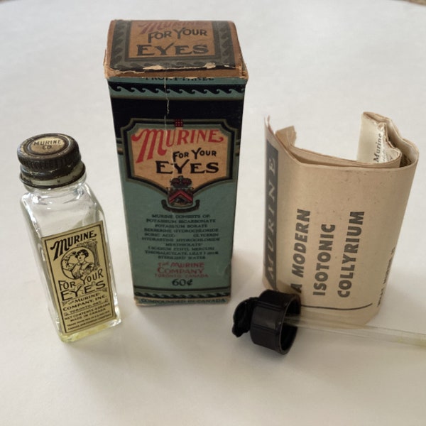 vintage Murine for the Eyes vintage glass bottle with eye dropper instructions in box Made in Canada empty pharmacy
