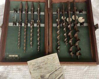 Vintage Irwin Auger 8 Drill Bit Set: 1970s USA Made, Original Wood Case & literature
