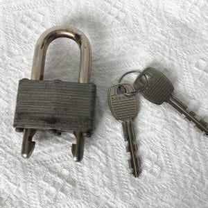 May include: A silver-colored padlock with a curved shackle and a ridged body, accompanied by two keys on a ring. The keys and padlock are on a white surface. The keys have the word "Master" printed on them.