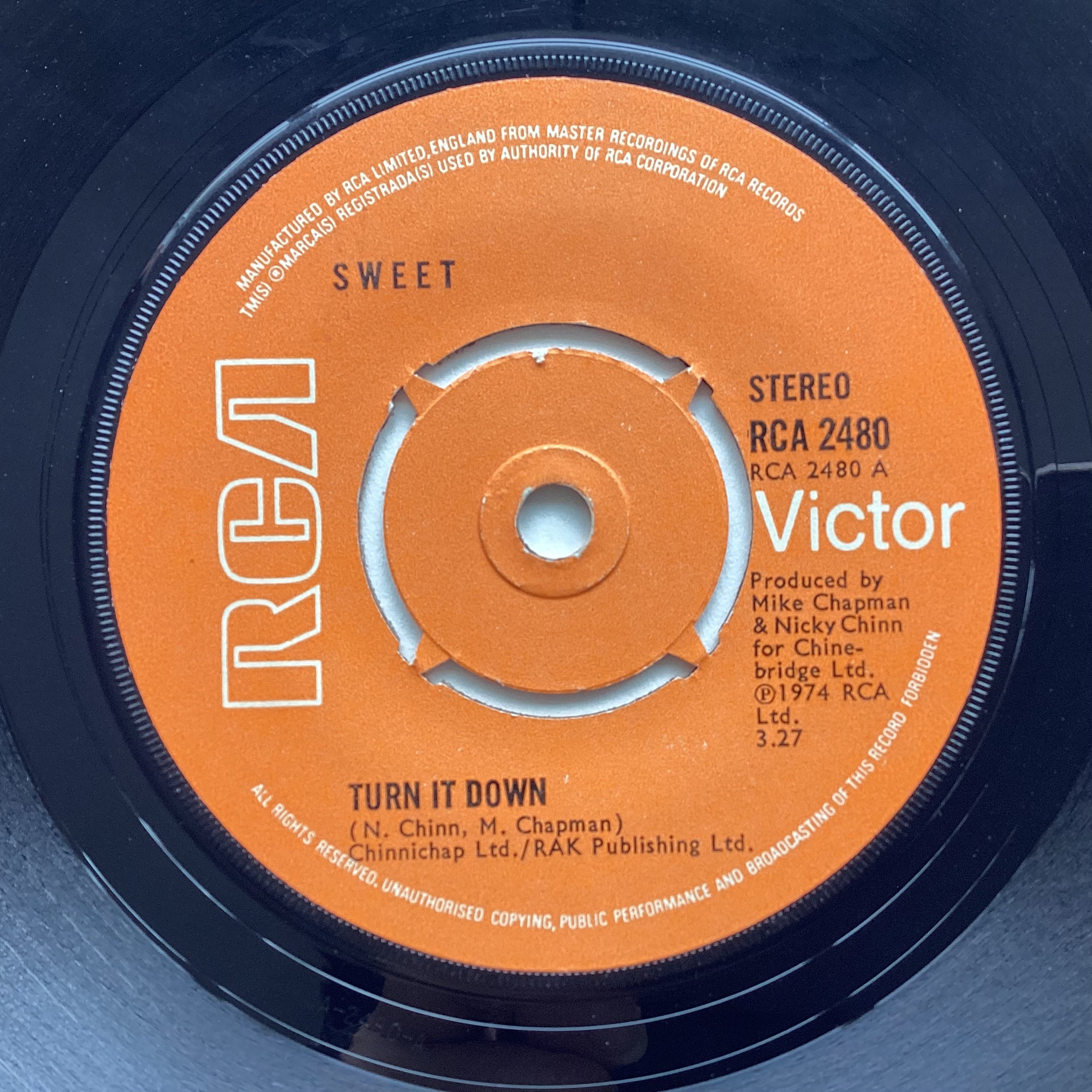 The Sweet, Turn It Down 45rpm 1974 ENGLAND RCA 2480 Vinyl 7