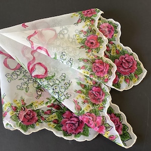 vintage Silky Chiffon Lily of the Valley printed scarf, small neckscarf 13.5&quot; square, scalloped edge, Pink Roses and Ribbons