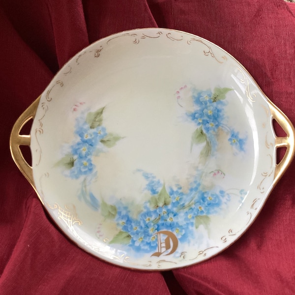 H C Royal Bavaria Vintage hand painted dish Monogram D Forget me Knots Heinrich & Co 1920s