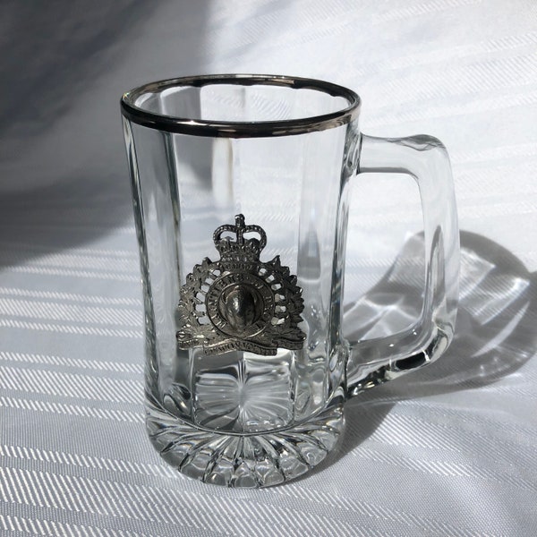 RCMP Heavy Glass Beer mug with Pewter Crest, Platinum Rim, holds 13 ounces, Royal Canadian Mounted Police