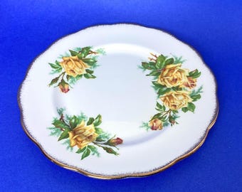 Assiette à salade de roses thé jaunes Royal Albert : porcelaine fine, bordure dorée 20 cm