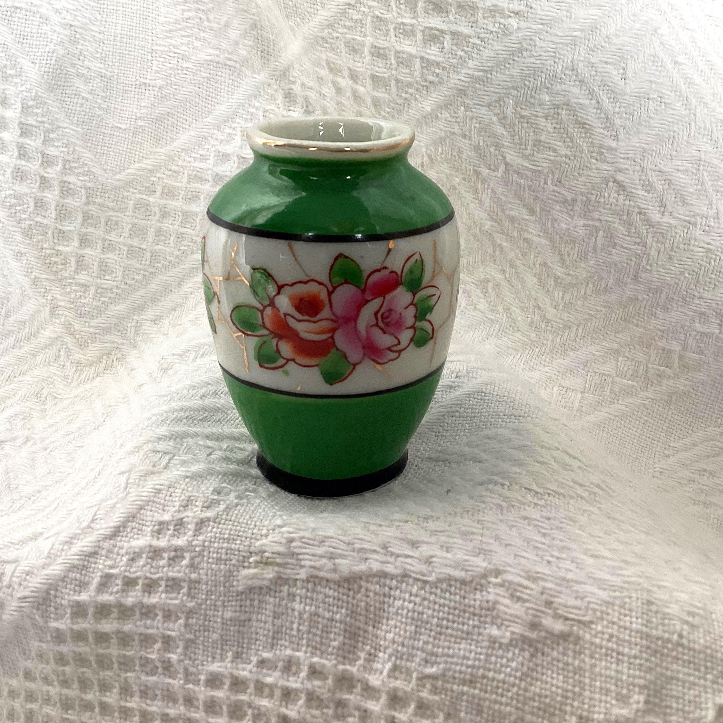 Mini Vase H. Kato, Occupied Japan, Green With Florals, 1945 to