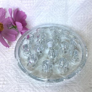 May include: A clear glass flower frog with multiple round, textured openings. The frog is circular and sits on a white surface. A pink flower with yellow center is in the upper left corner.