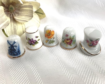 Vintage Ceramic Thimbles, Windmill, Floral, Top Hat Designs, Japan