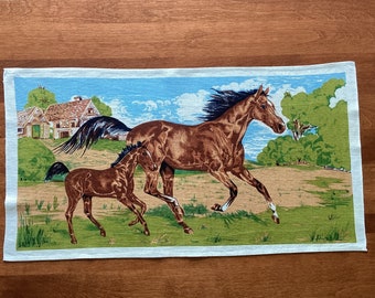 Vintage Mare and Foal Tea Towel, Horse running Dish towel, 15x28" Linen Equine