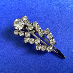 Vintage Rhinestone Hair Clip, Geometric Silver Tone Barrette