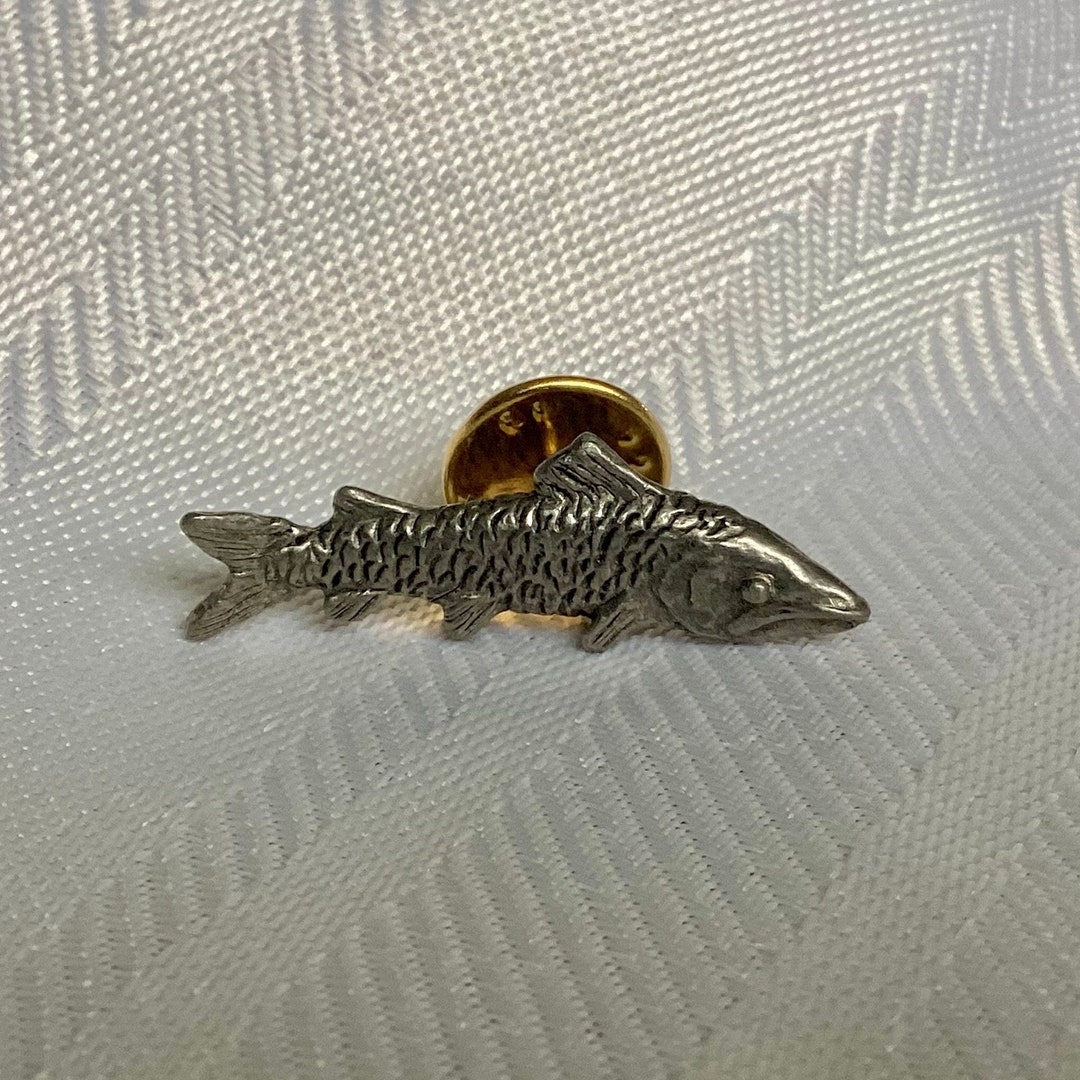 Artisan Pewter Trout Salmon Fish Brooch & Stud Earrings Signed - Foto 2