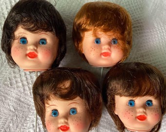 Vintage Doll Heads 4 with Rooted Hair: Freckles, Blue Eyes, SSCO Hong Kong, 2.75"