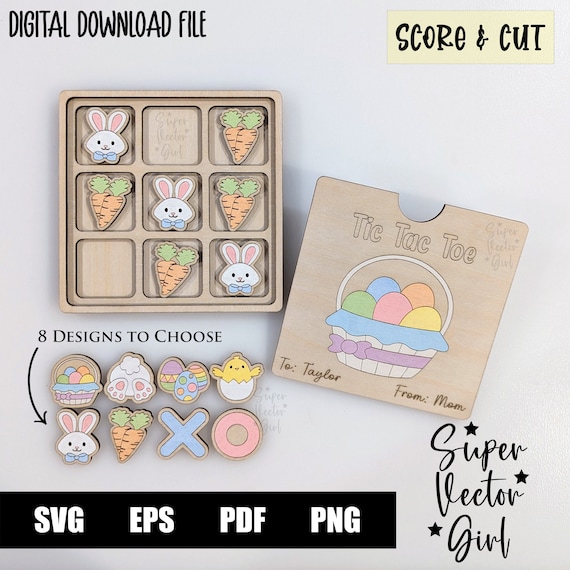Tic Tac Toe Game with Box Lid, Easter, Basket Stuffer, SVG, Digital Cut File, Glowforge files, Laser Cut Files, Board Game, Kids Game