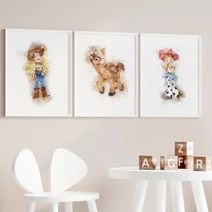 toy story nursery watercolor printable wall art print buzz lightyear jessi woody poster prints wall decor kids room decor art baby gift