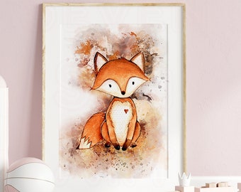 fox nursery printable wall art, fox watercolor nursery,  fox nursery prints, baby fox nursery art, woodland nursery printable wall art