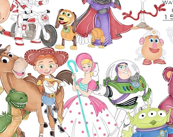 Toy Story Watercolor Clipart PNG, Woody, Buzz Lightyear, Rex (Digital Download)