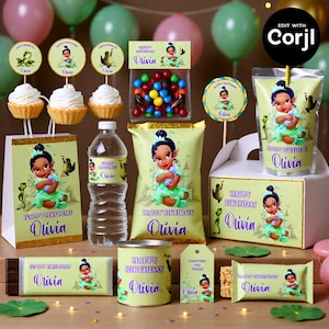 May include: A collection of party supplies featuring a princess theme. Items include cupcakes, candy, water bottles, and gift bags, all decorated with a princess graphic and the name "Olivia". The color scheme is green, gold, and purple.