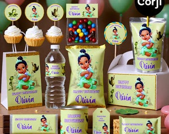 baby princess Tiana birthday party favors bundle, princess and the frog party package birthday party labels party supplies party pintables