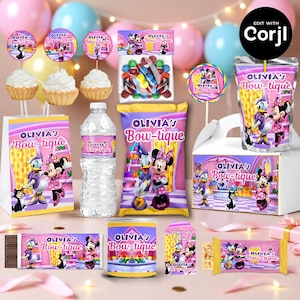 May include: A collection of party supplies featuring the text "Olivia's Bow-tique" and cartoon characters. Items include treat bags, a water bottle, candy, a lollipop, and a gift box, all in pink and purple.